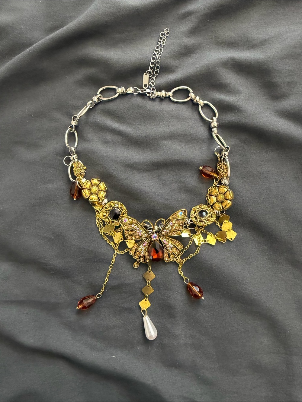 Gold Floral Butterfly Statement Necklace with Amber and Pearl Accents